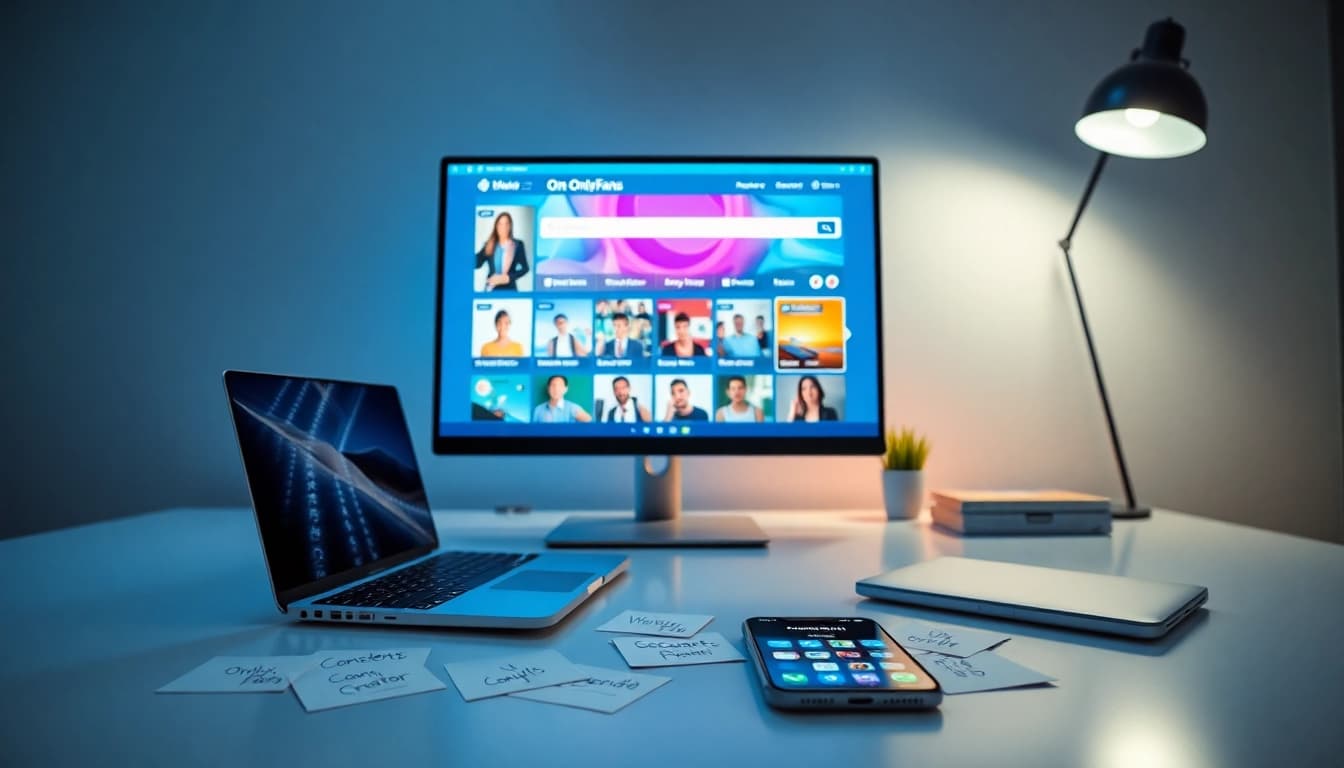 Engaging workspace scene for searching OnlyFans profiles with modern tech.
