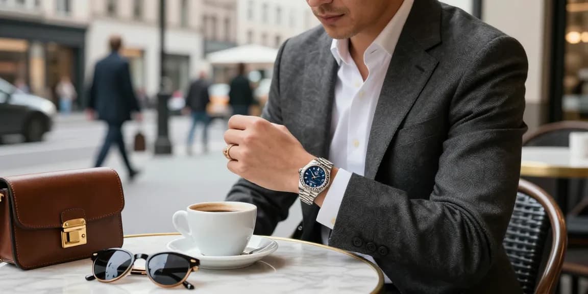 Admiring a Rolex replica watch in an urban café setting, stylish individual surrounded by luxury accessories.