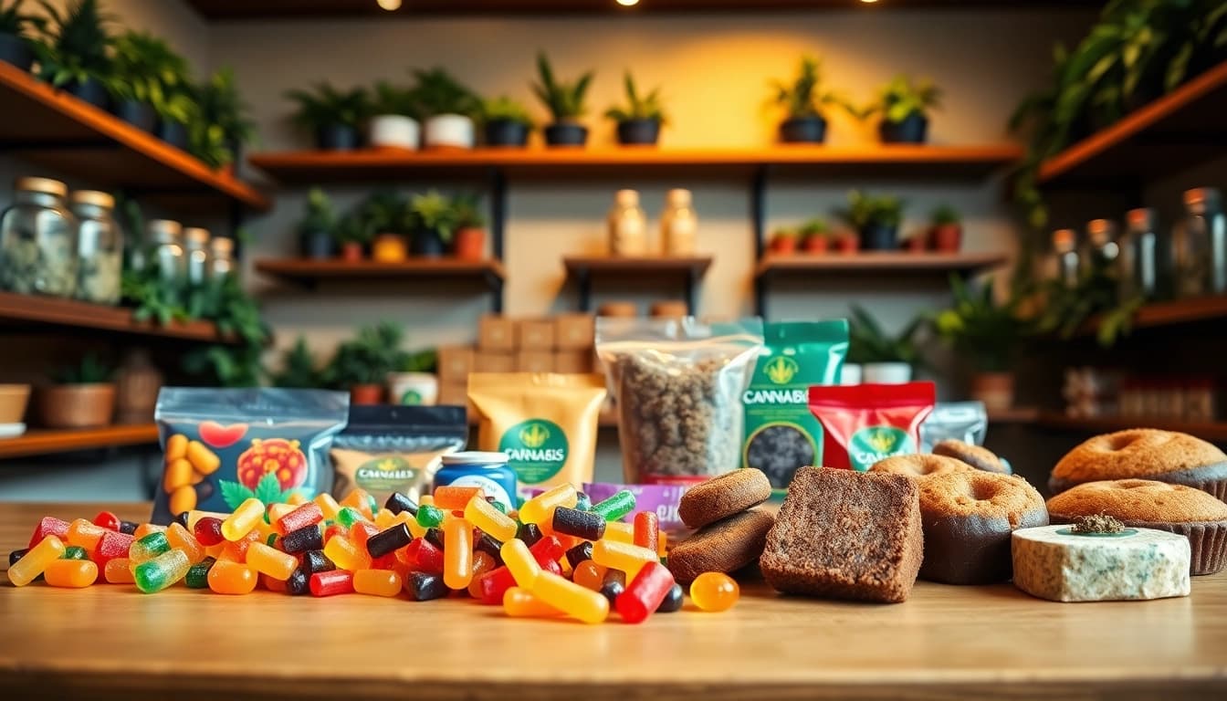 Showcasing buying weed prices with colorful cannabis edibles on display in a dispensary.