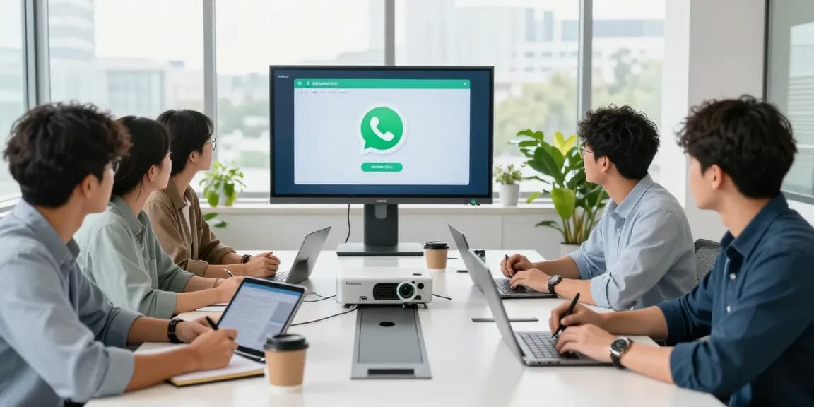 Team collaborating on WhatsApp電腦版 in modern office space with technology and innovation.