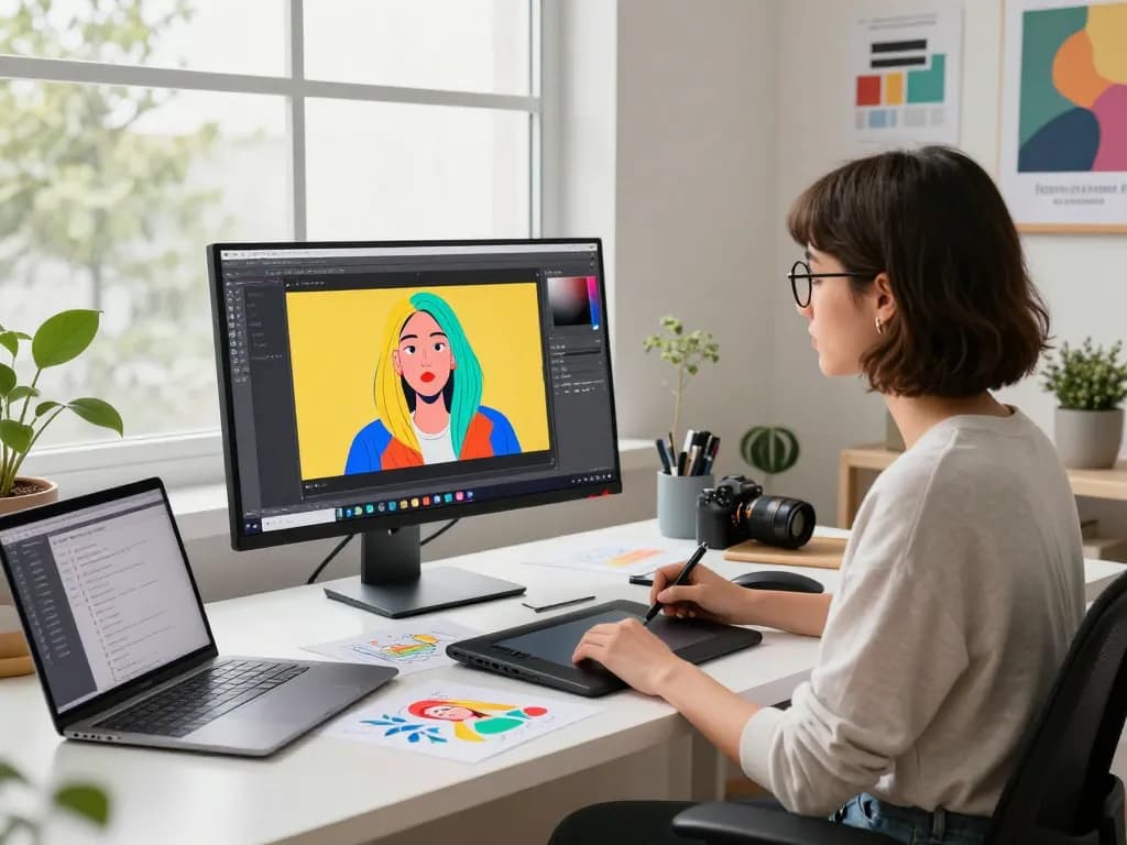 Designer using nano banana pro AI image editor in a modern workspace with vibrant artwork.