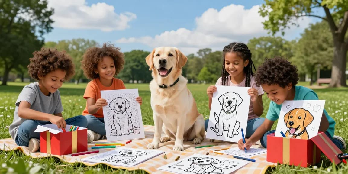 Children engaged in cartoon character coloring pages, surrounded by playful Labrador Retriever illustrations in a sunny park.