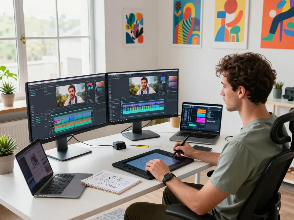 Creative workspace with developer using nano banana 2 software to generate images on multiple screens.