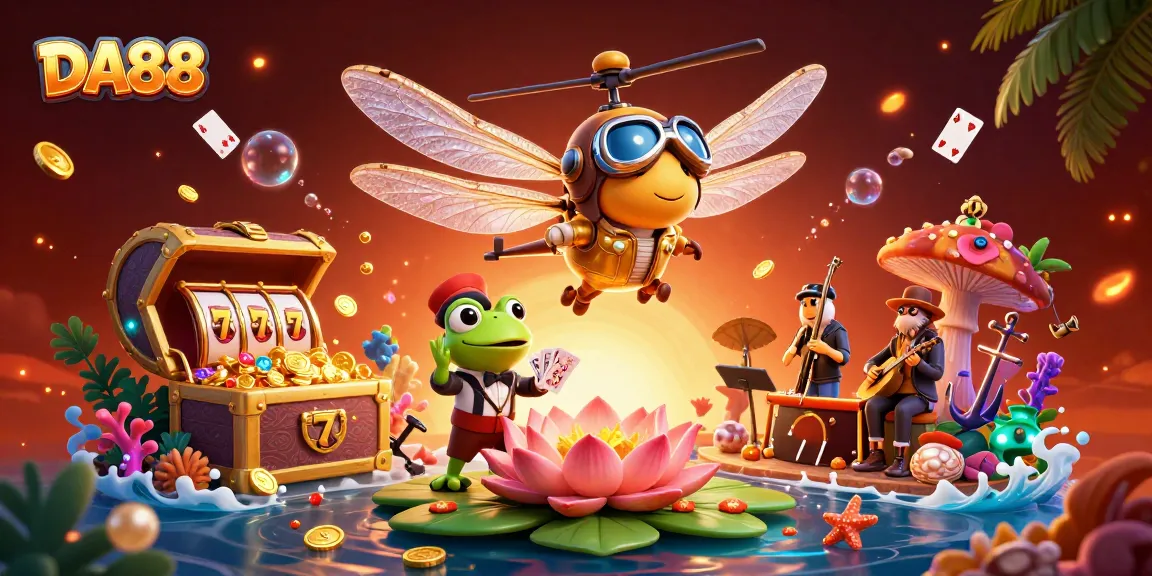 Engage with DA88's vibrant casino scene featuring a dragonfly pilot and frog croupier in action.