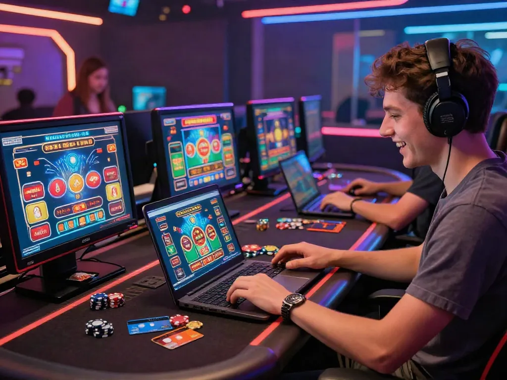 Exciting scene of a player engaging with online casinos that accept credit cards, surrounded by colorful game graphics and gaming chips.