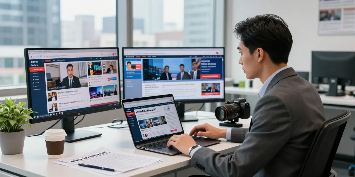 Engaged journalist in a modern office setting reviewing content from https://www.theindaily.com amidst vibrant news feeds and social media updates.