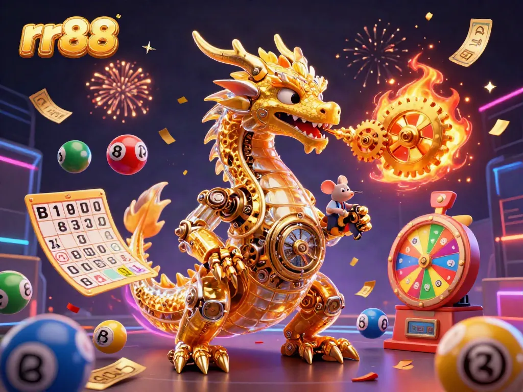 Engage with rr88's thrilling gaming experience featuring a dragon and vibrant lottery elements.