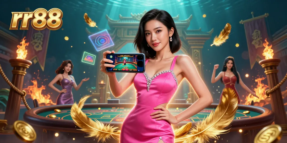 Engage in thrilling casino action with rr88 as a stylish woman showcases a live dealer game on her smartphone.