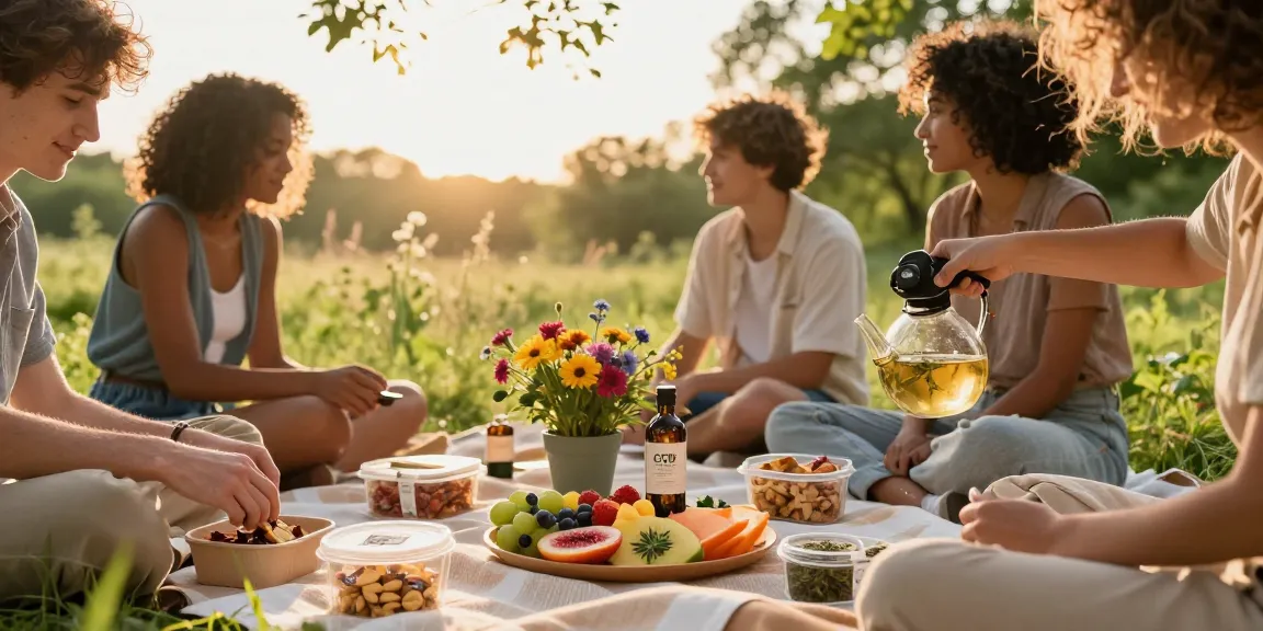 Cannabis delivery in a picnic setting showcasing organic hemp-infused snacks and CBD oil, promoting natural healing and wellness.