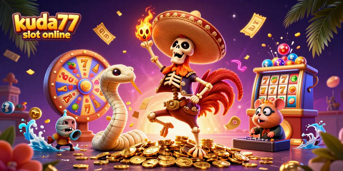 Kuda77 slot online menampilkan skeleton mariachi yang berdansa di tumpukan koin emas bersama ular mummy dan hamster DJ, penuh elemen judi.
