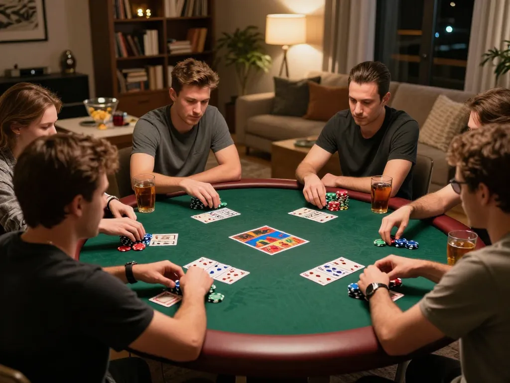 Friends enjoy a thrilling poker night, showcasing fun88 gameplay with intense concentration and casual atmosphere.