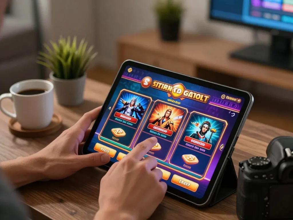 Engaging with vibrant situs slot games on a tablet during a cozy online gaming session.