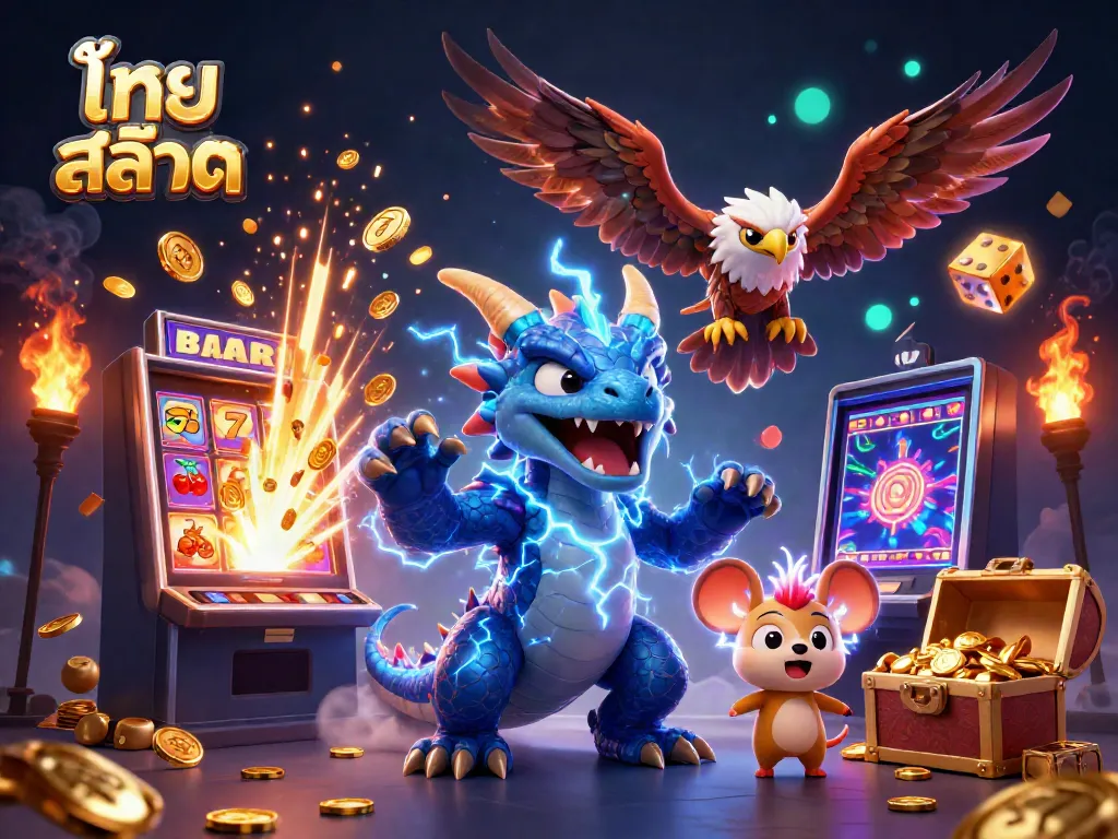Experience thrilling action in ไทย สล็อต with dynamic illustrations of characters and slots bursting with energy.
