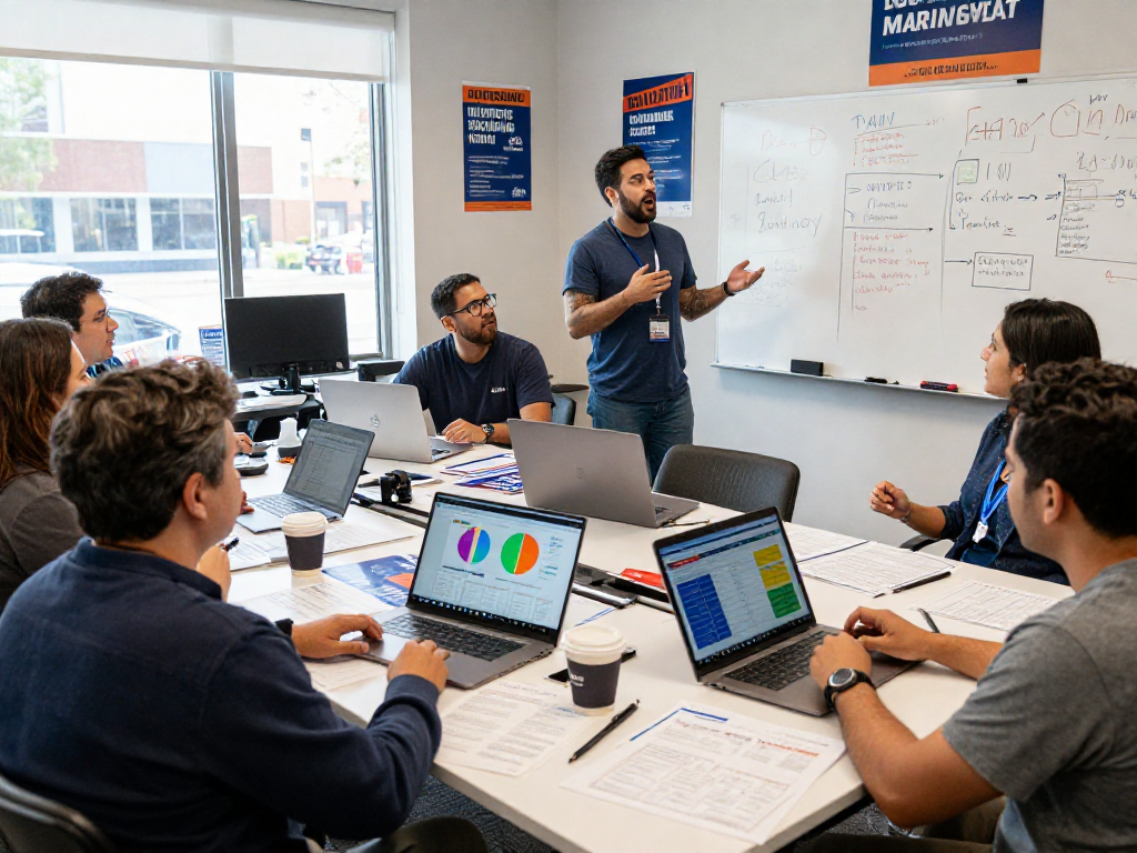 Email marketing for candidates in a vibrant campaign office with dynamic collaboration.