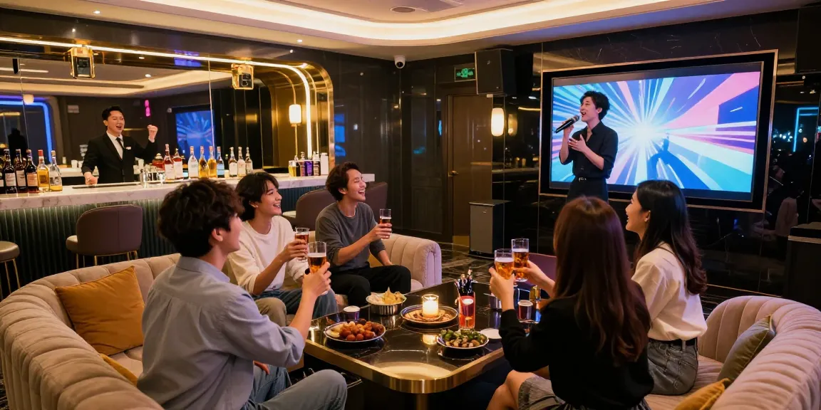 Karaoke experience at 강남가라오케 with friends enjoying drinks, stylish decor, and lively atmosphere.