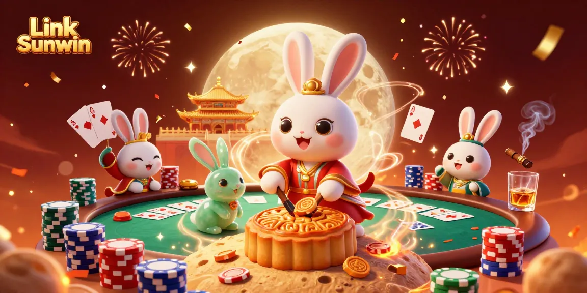 Experience thrilling games with Link Sunwin as the moon rabbit cracks open mooncakes revealing poker chips.