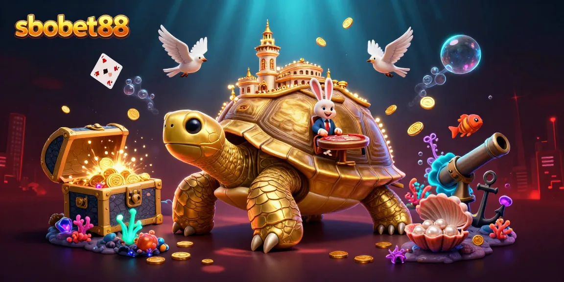 Experience sbobet88's thrilling betting with a vibrant casino scene lively with golden tortoise and dealer games.