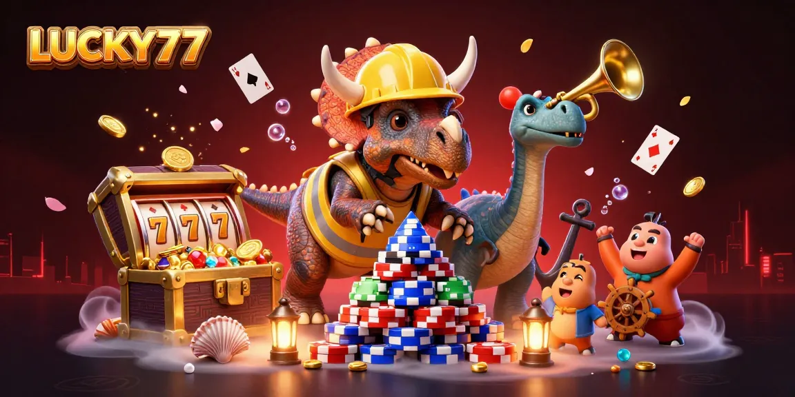 Celebrate gaming wins with LUCKY77 and vibrant 3D casino-themed characters and elements.