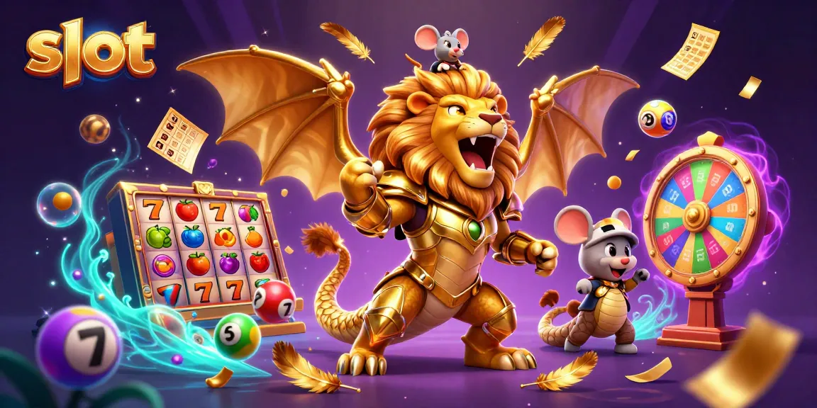 Slot menampilkan makhluk chimera 3D dalam armor emas yang melawan di tengah, dikelilingi elemen kasino.