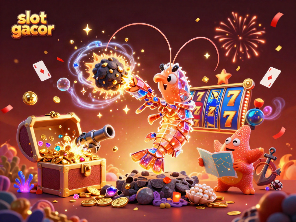Experience the thrill of slot gacor with vibrant characters and dazzling casino elements in an explosive underwater scene.