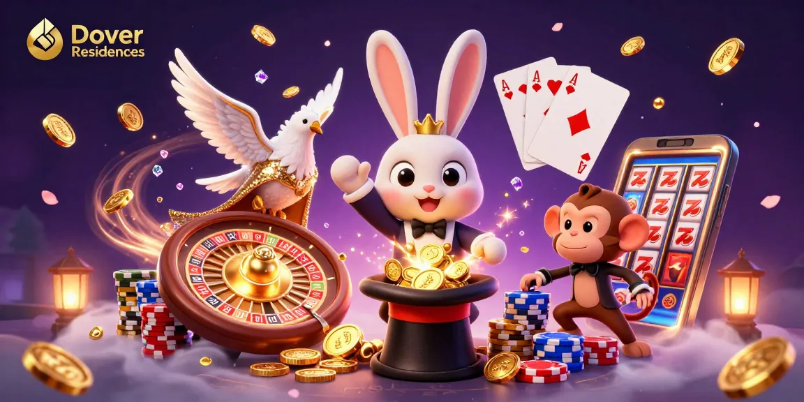 Dover Residences magic scene with a rabbit magician, sparkling coins, and poker action from a slot game.