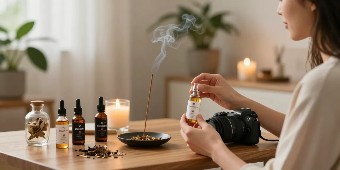 Buy premium liquid herbal incense in a serene setting, showcasing relaxing e-liquids and aromatic elements.