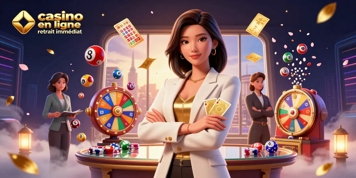 Vivez l'excitation au casino en ligne retrait immédiat avec une scène glamoureuse d'éléments de jeu vibrants.