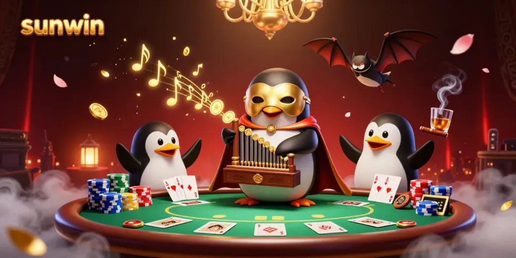 Experience winning gameplay at sunwin with a lively casino scene featuring a penguin and acrobatic bats.