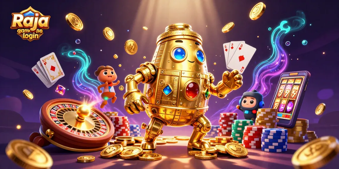 Engage in Raja game login with dynamic casino elements and a golden golem in action.