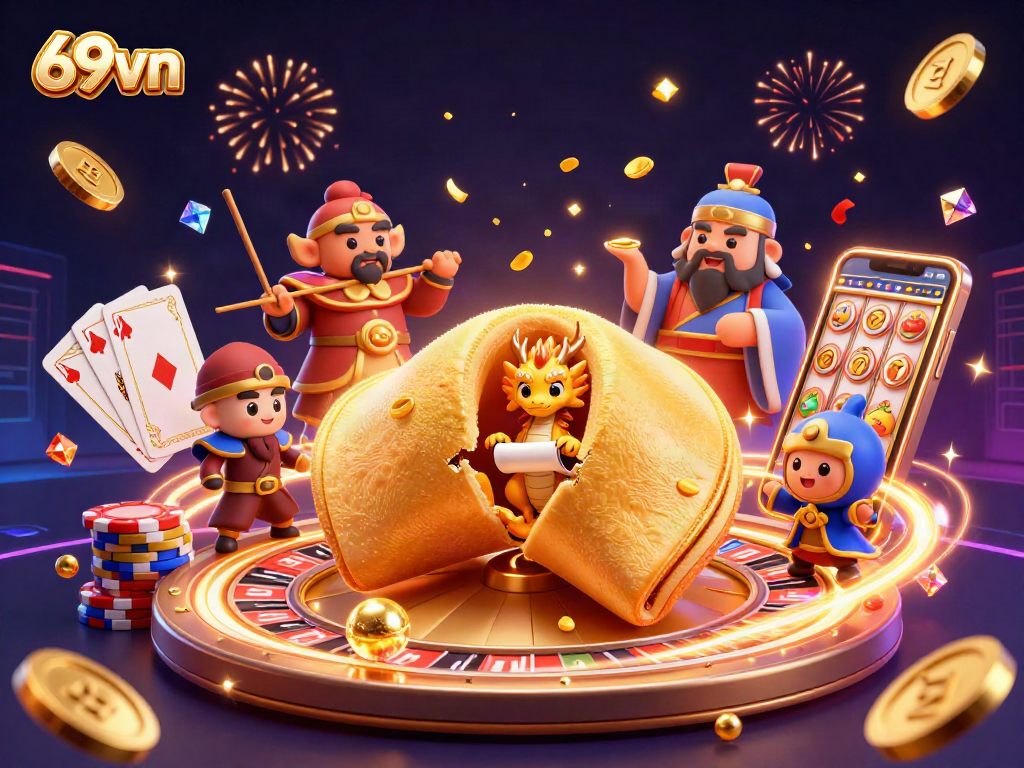 Engage with 69vn's vibrant casino action featuring thrilling slot machines, coins, and golden treasures.