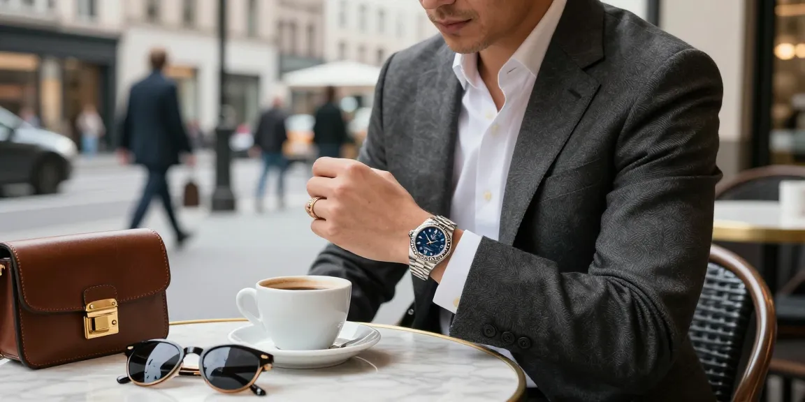 Admiring a Rolex replica watch in an urban café setting, stylish individual surrounded by luxury accessories.