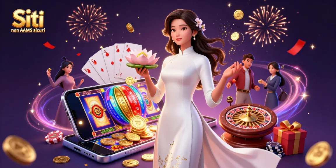 Siti non AAMS sicuri che mostrano una donna elegante circondata da dinamici giochi di slot e elementi di casinò in un'atmosfera festosa.