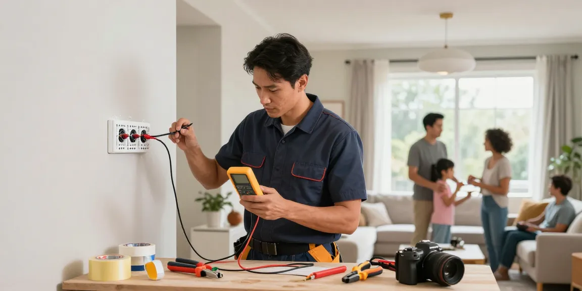 Electrician expertly rewiring in a cozy home environment during an upgrade from atscleaning.co.uk