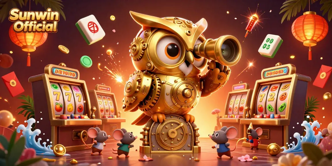Engage with the dynamic world of Sunwin Official in a vibrant casino illustration featuring golden owl and slot machines.