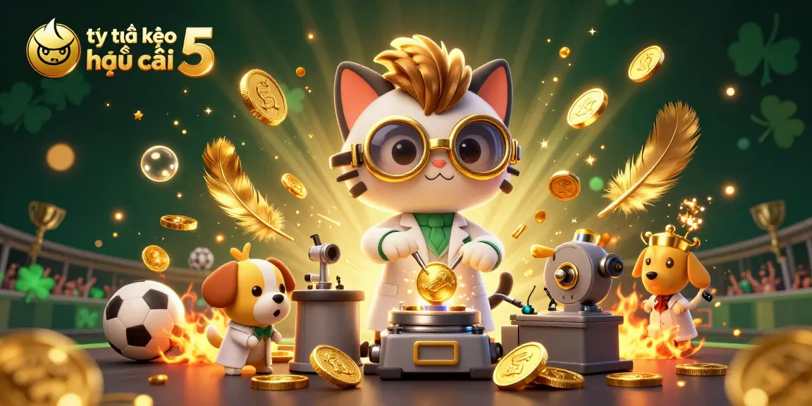 Engage with tỷ lệ kèo nhà cái 5 in an energetic sports betting scene featuring a cartoon mad scientist cat and loyal dog.