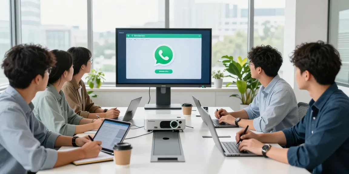 Team collaborating on WhatsApp電腦版 in modern office space with technology and innovation.