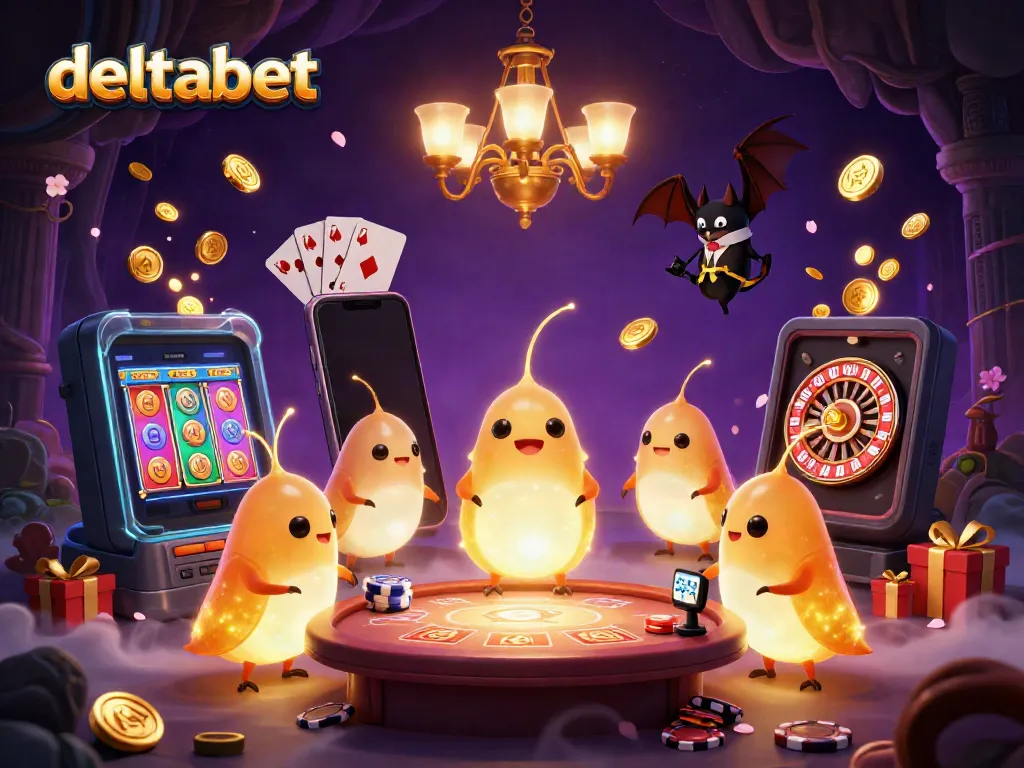 Rasakan kegembiraan bermain di Deltabet dengan sinar keemasan dari karakter berwarna cerah yang menghidupkan suasana kasino.