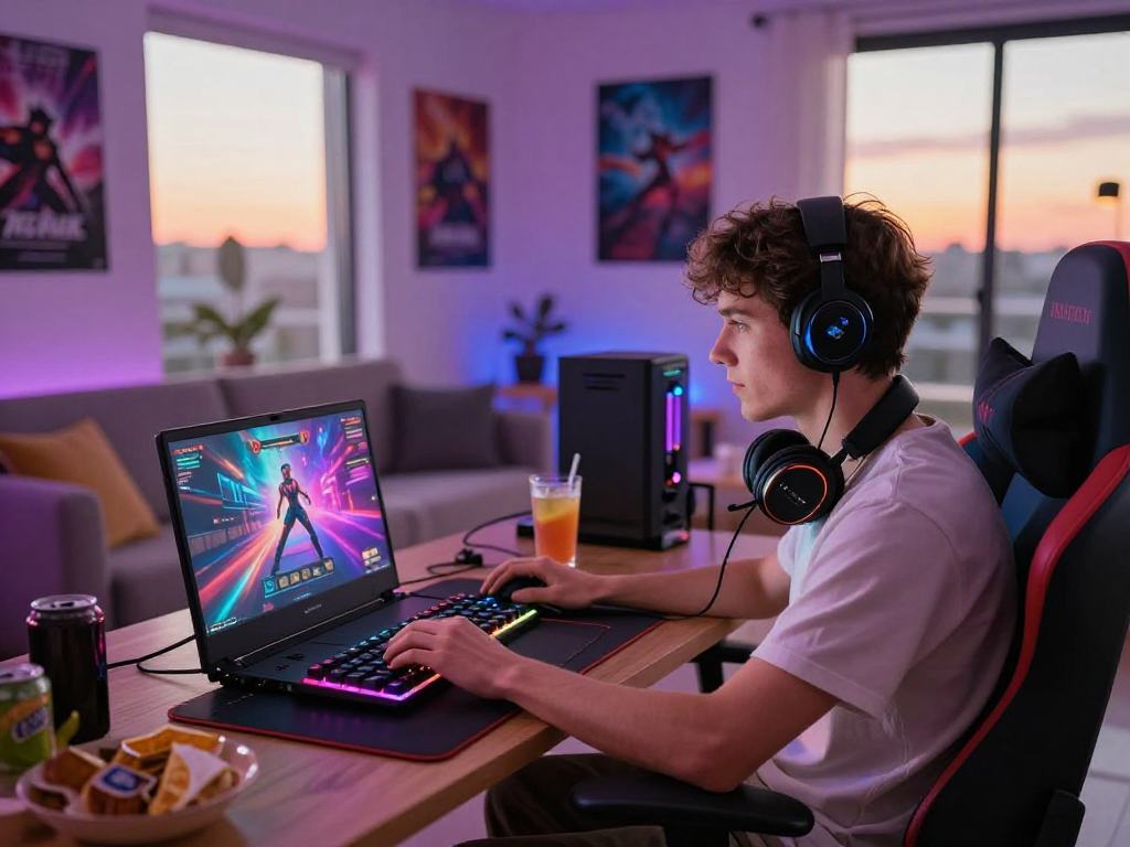 Engaging scene of a player focused on a sex game in a cozy gaming setup.