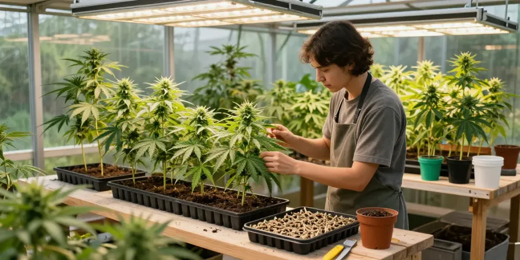 Explore triploid cannabis genetics with a gardener comparing cannabis plants in a vibrant greenhouse setting.