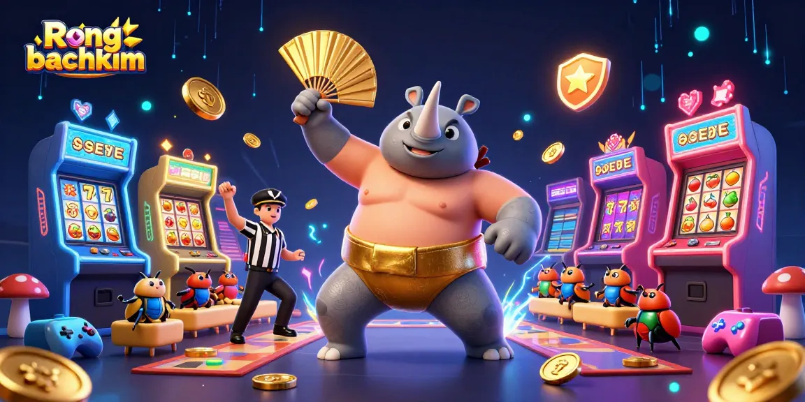 Experience thrilling slot action with Rong bachkim as a beetle champion celebrates winning coins.