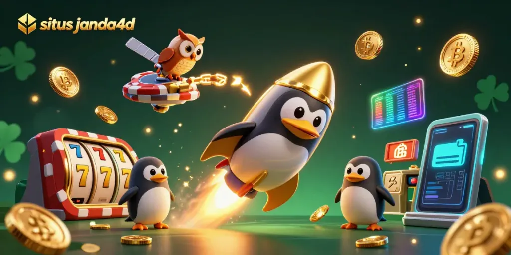 Aksi bermain situs janda4d dengan penguin emas dan simbol kasino yang mengagumkan.