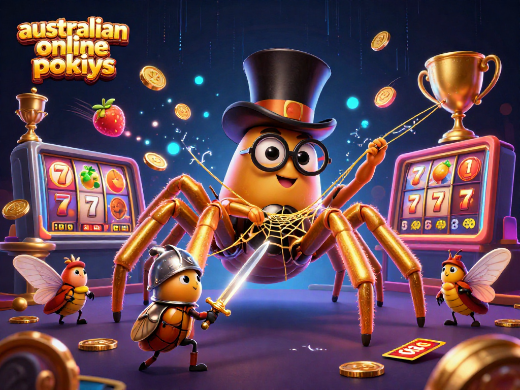 Engage with australian online pokies in an exciting 3D casino scene featuring animated slot elements.