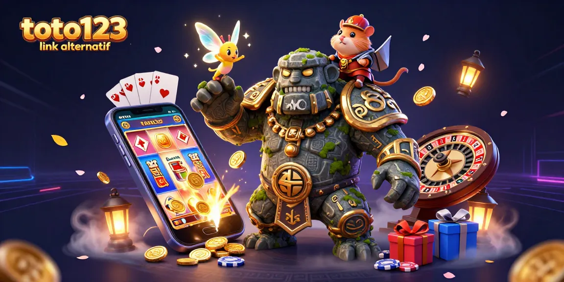 Toto123 link alternatif promotes thrilling slot adventures with magical golem, knight, and fairy.