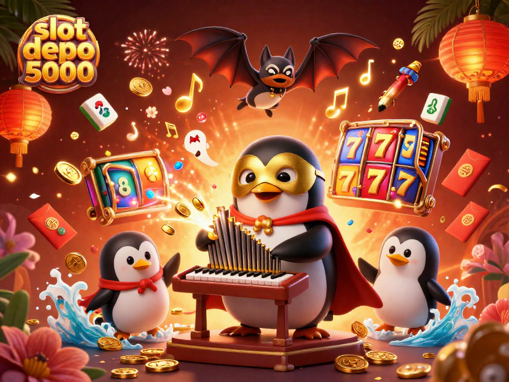 Experience thrilling wins with slot depo 5000 as dynamic symbols and golden coins come alive in this vibrant casino illustration.