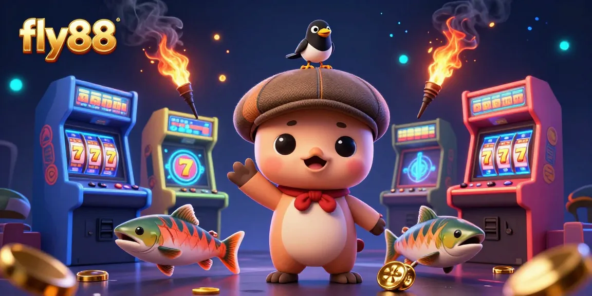 Engage with the fly88 gaming experience featuring playful characters amidst vibrant casino elements.