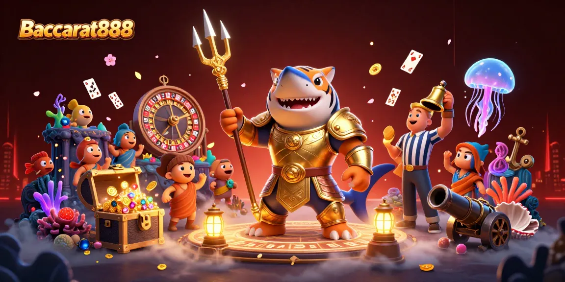 Engage with Baccarat888 in this vibrant underwater scene showcasing immersive casino elements and characters.