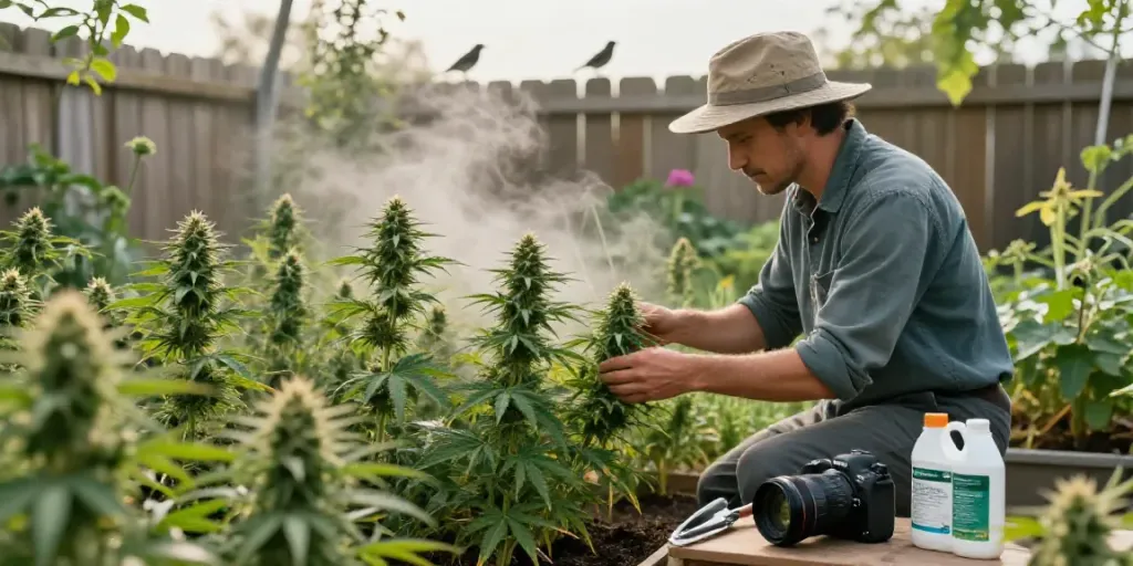 Feminisierte Cannabissamen kaufen in a vibrant outdoor garden showing dedicated gardener tending to healthy cannabis plants.