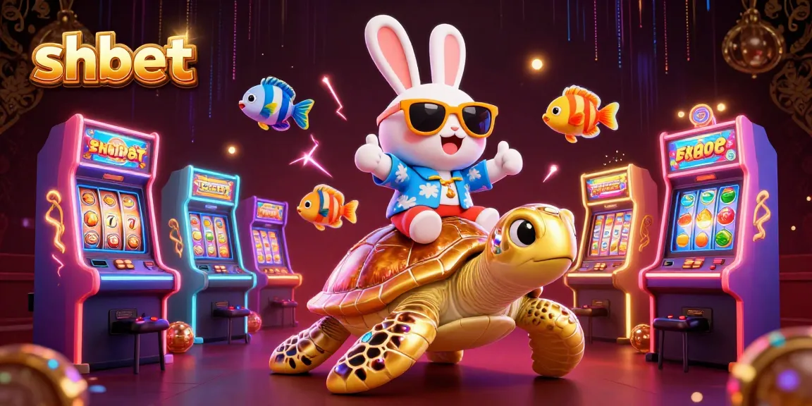 Experience the excitement of shbet with a lucky rabbit and sea turtle amidst vibrant casino elements.