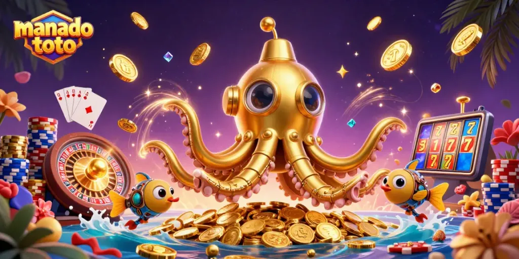 Experience the excitement of manado toto with vibrant casino elements and a golden kraken submarine.