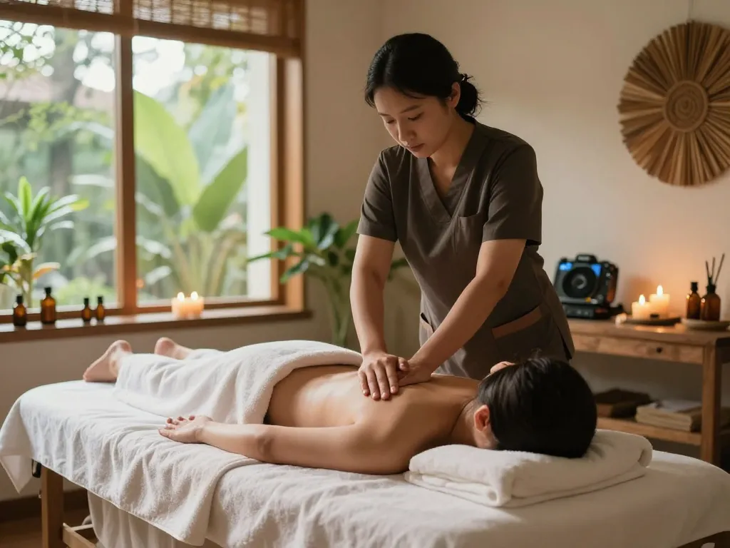 Massage session in a tranquil spa environment with calming elements and professional therapist.